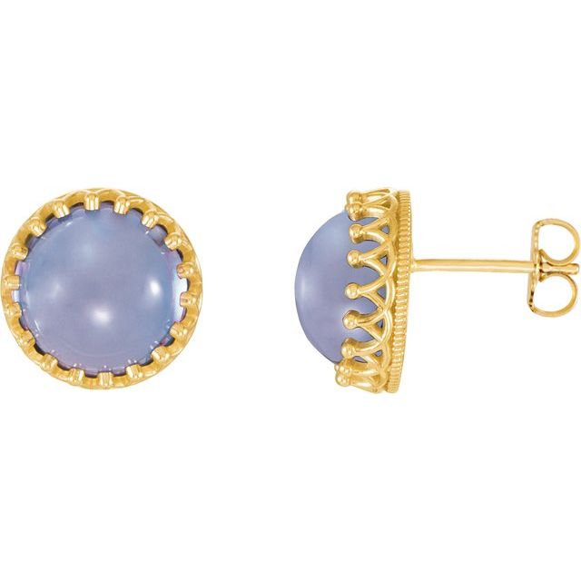 Blue Chalcedony Round Crown Stud Earrings in Gold and Platinum