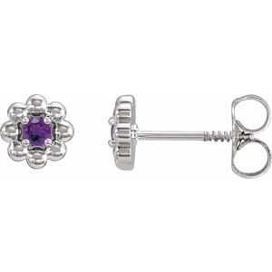 Amethyst Round Floral Stud Earrings in Gold and Platinum