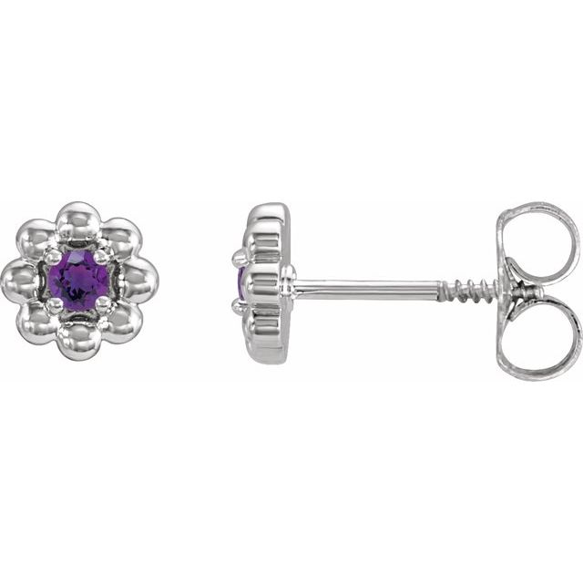 Amethyst Round Floral Stud Earrings in Gold and Platinum
