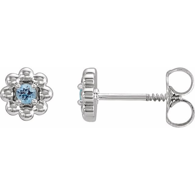 Aquamarine Round Floral Stud Earrings in Gold and Platinum