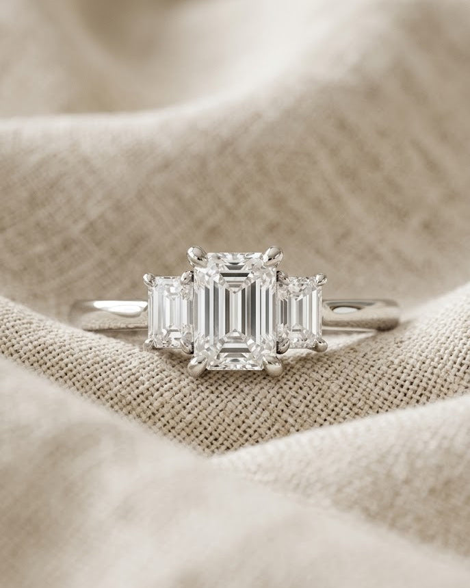 3 Stone Emerald Cut Lab Diamond Ring 0.50ct in 925 Silver