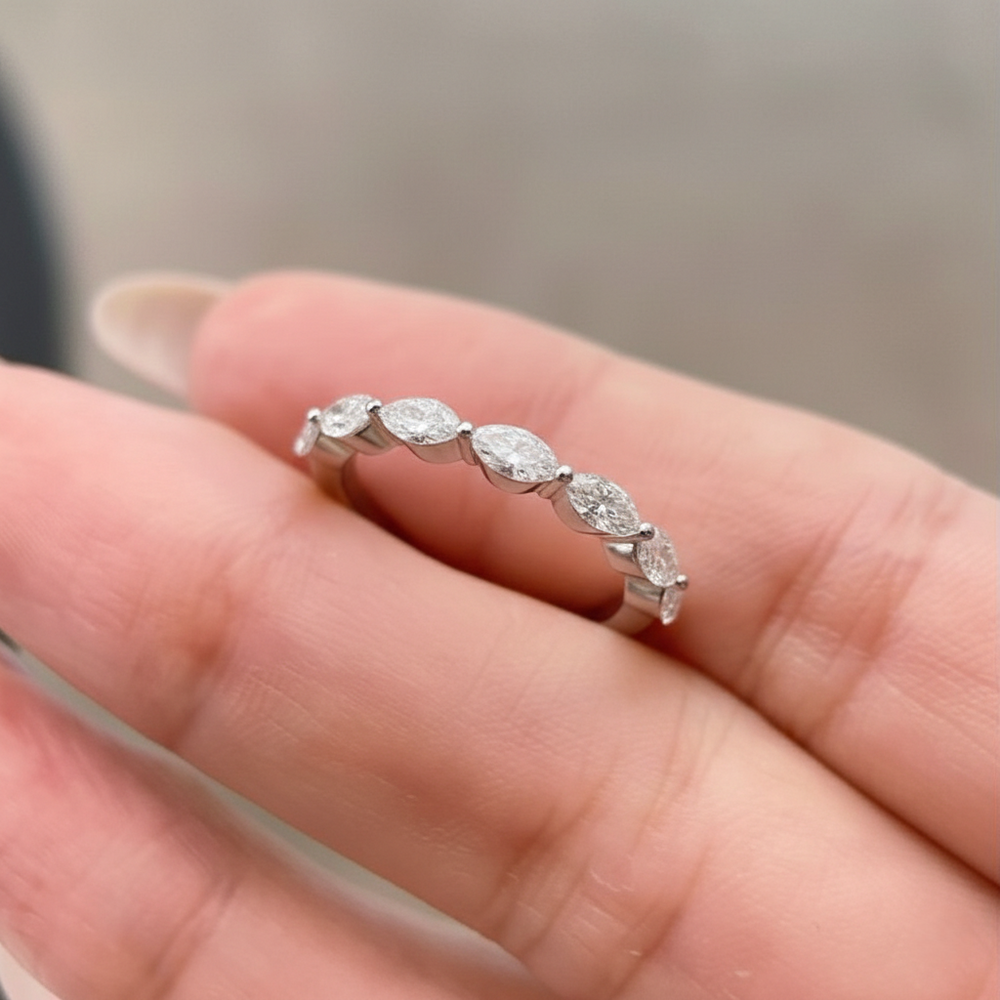 Marquise diamond wedding band, Shared prong diamond band