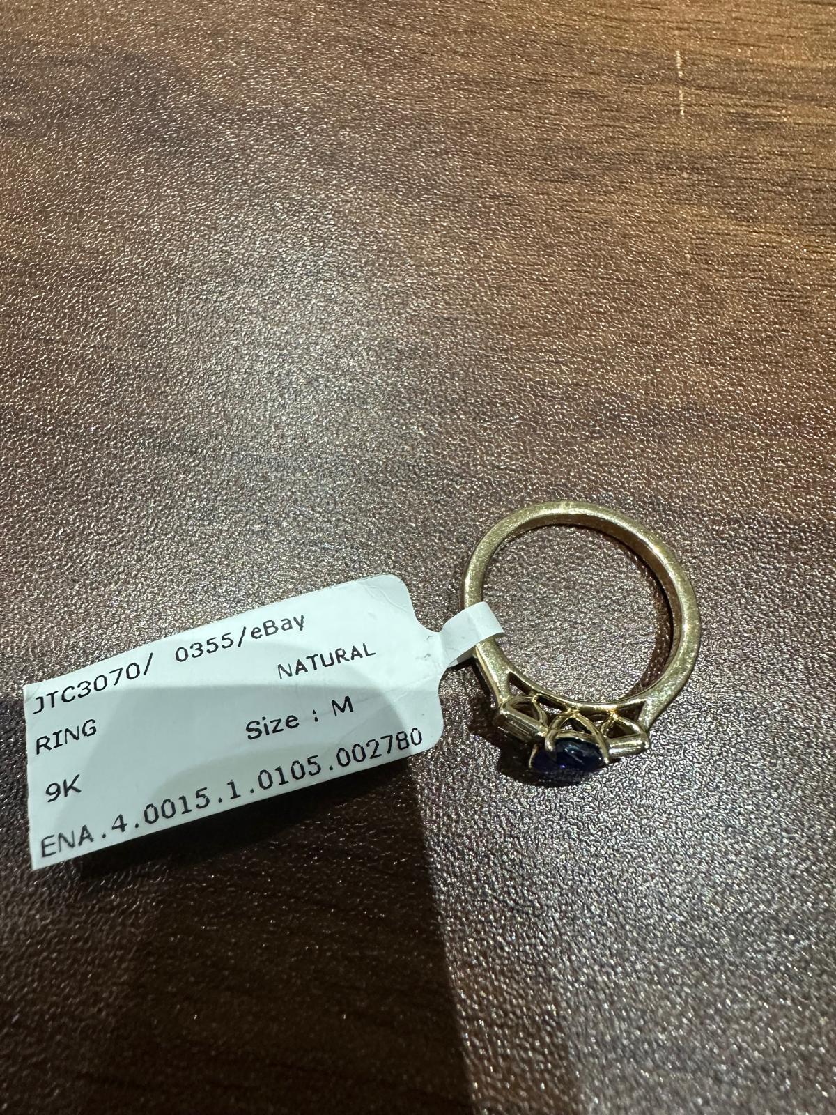 9K Yellow Gold Prong Set Three Stone Natural Saphire Oval Diamond Ring