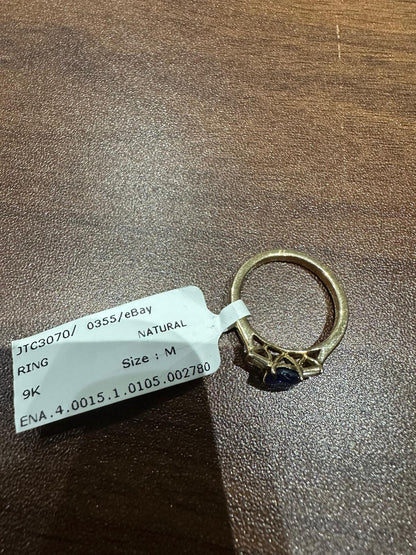 9K Yellow Gold Prong Set Three Stone Natural Saphire Oval Diamond Ring