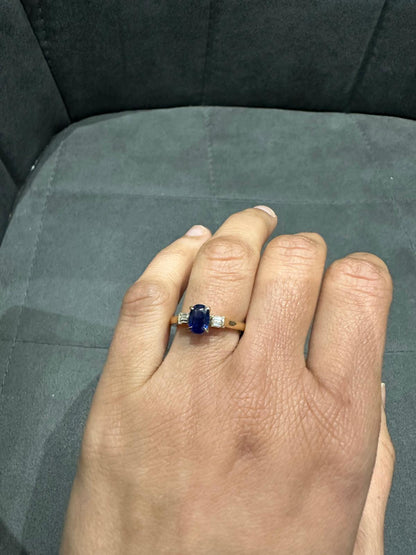 9K Yellow Gold Prong Set Three Stone Natural Saphire Oval Diamond Ring