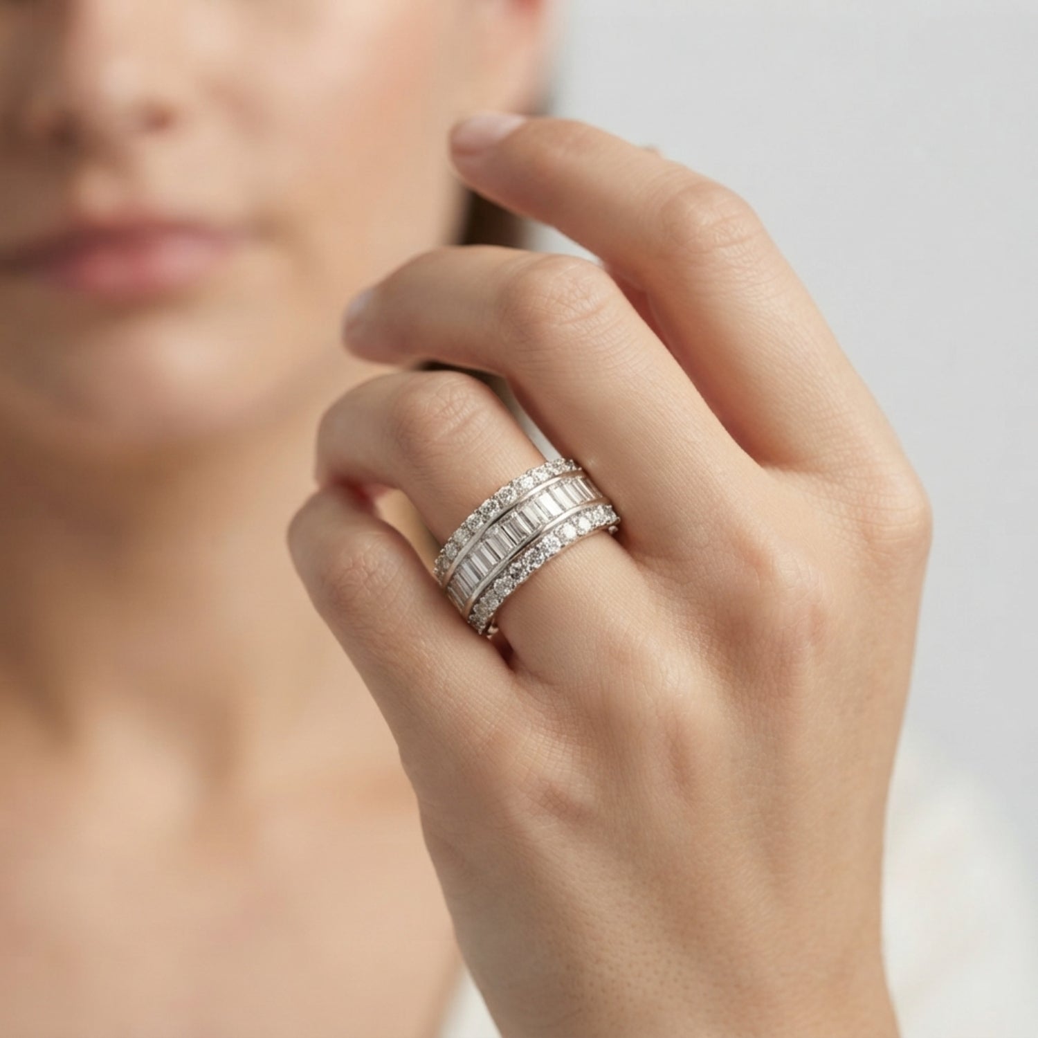 Baguette and Round Cut Triple Row Half Eternity Diamond Band