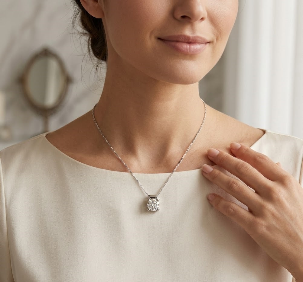 Pendentif solitaire en diamant rond de laboratoire D-VVS pour femme.