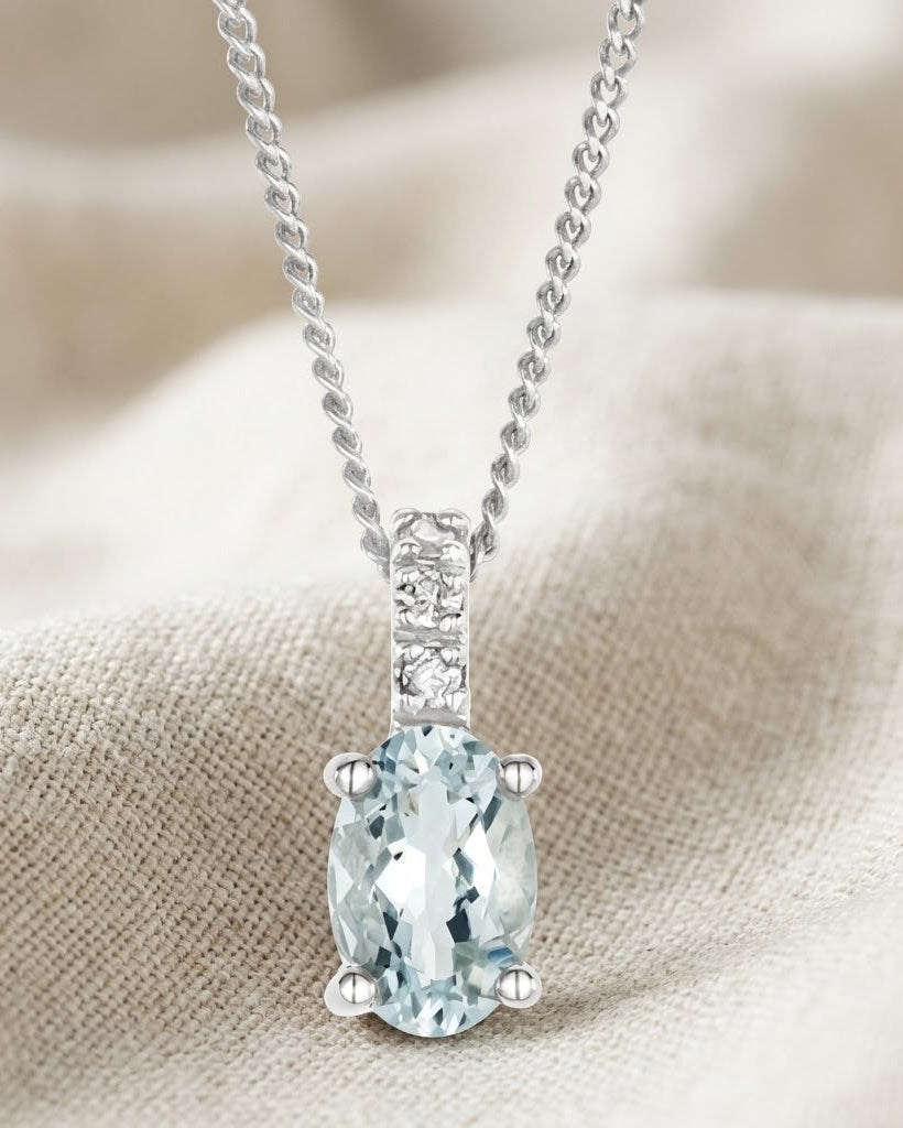 Aquamarine 0.34CT And Diamond 9K White Gold Pendant Necklace