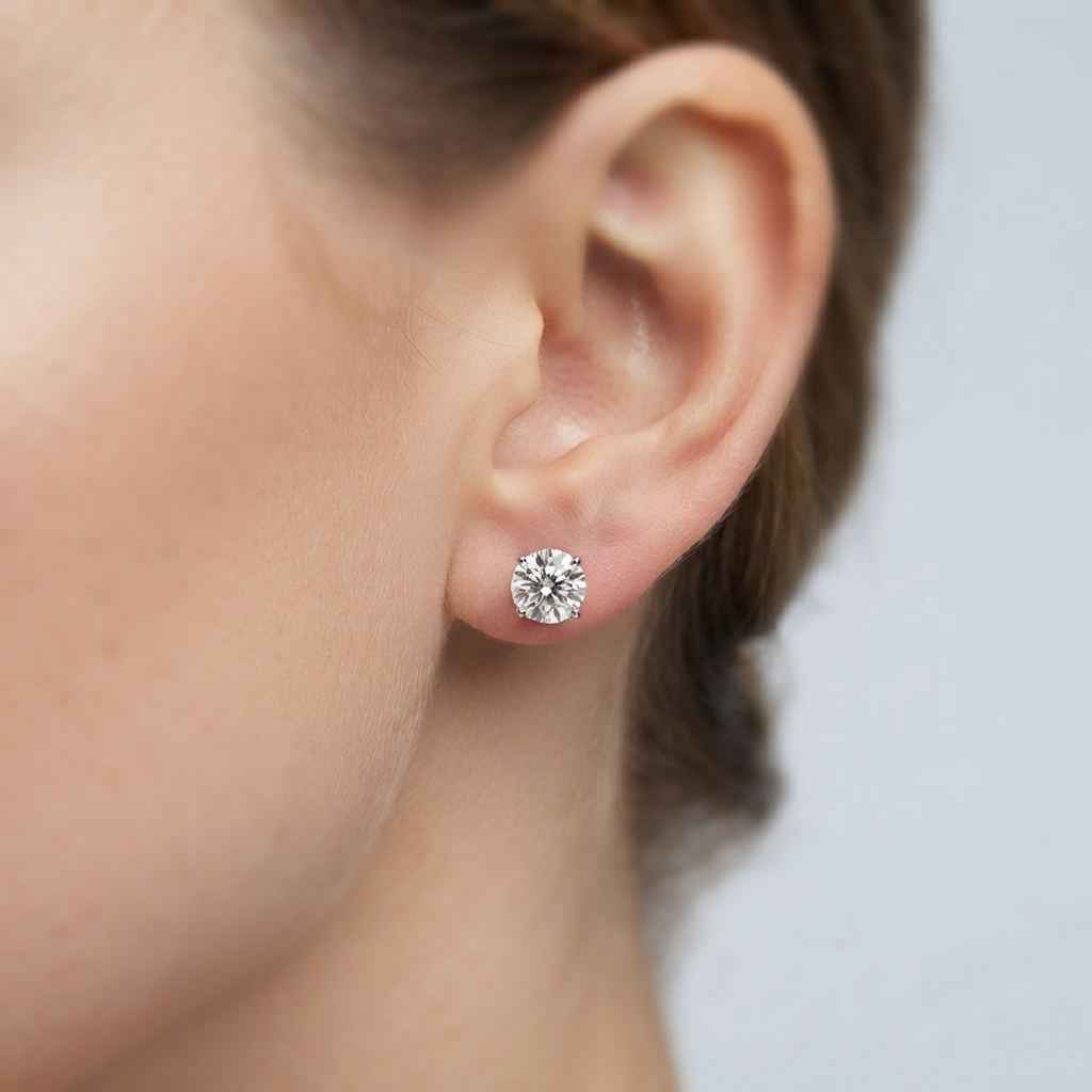 Stud Earrings with Round Shape Diamonds - 9k Solid Gold