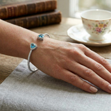 9K Yellow Gold Trillion Cut Blue Topaz Open Cuff Bangle with Natural Halo Diamond
