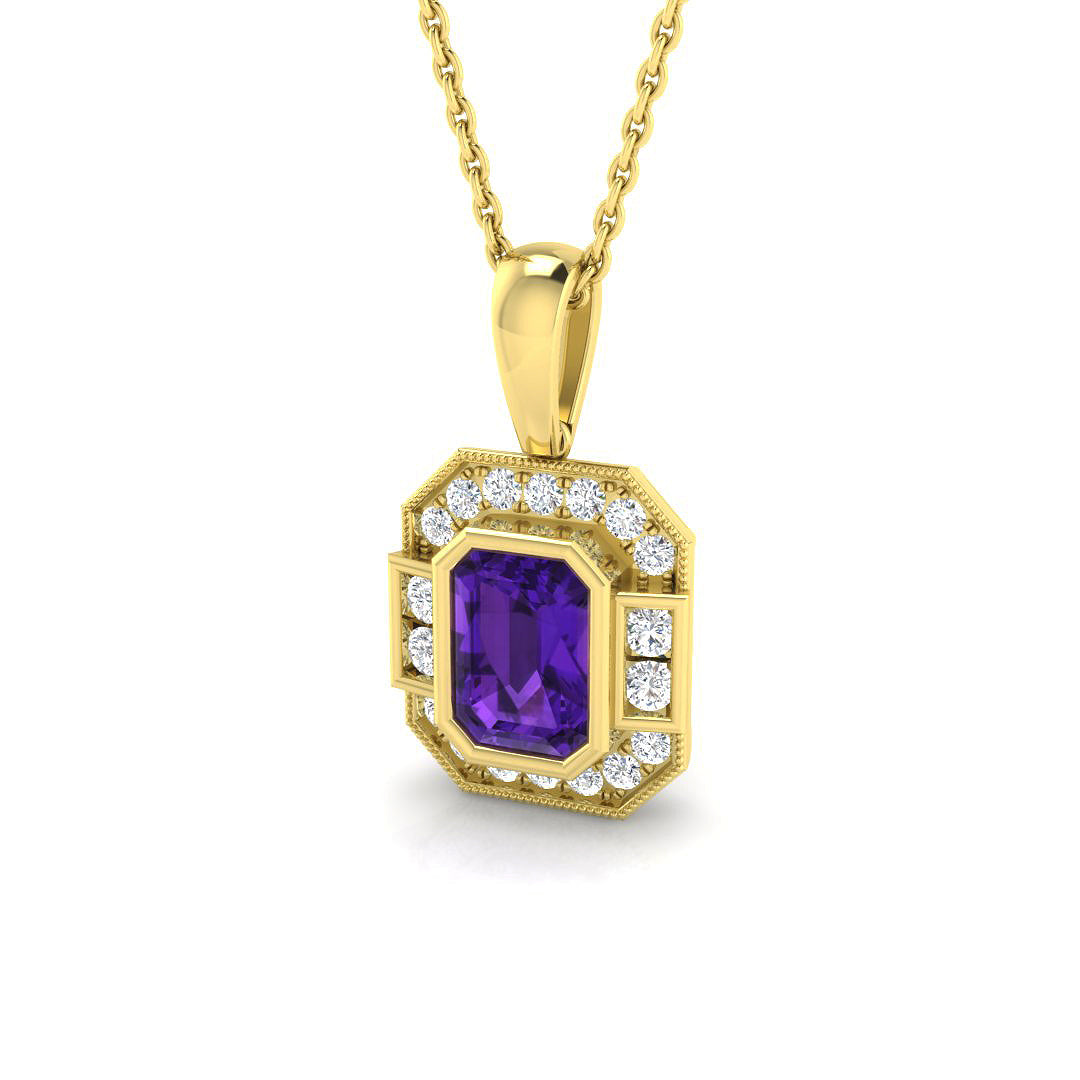 9K Gold Bezel Set Solitaire Amethyst & Natural Diamond February Gemstone Pendant