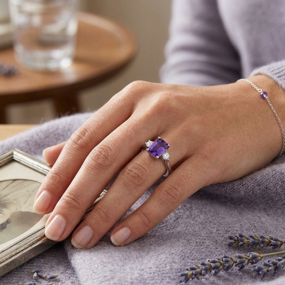 Amethyst Diamond Side Stone Ring