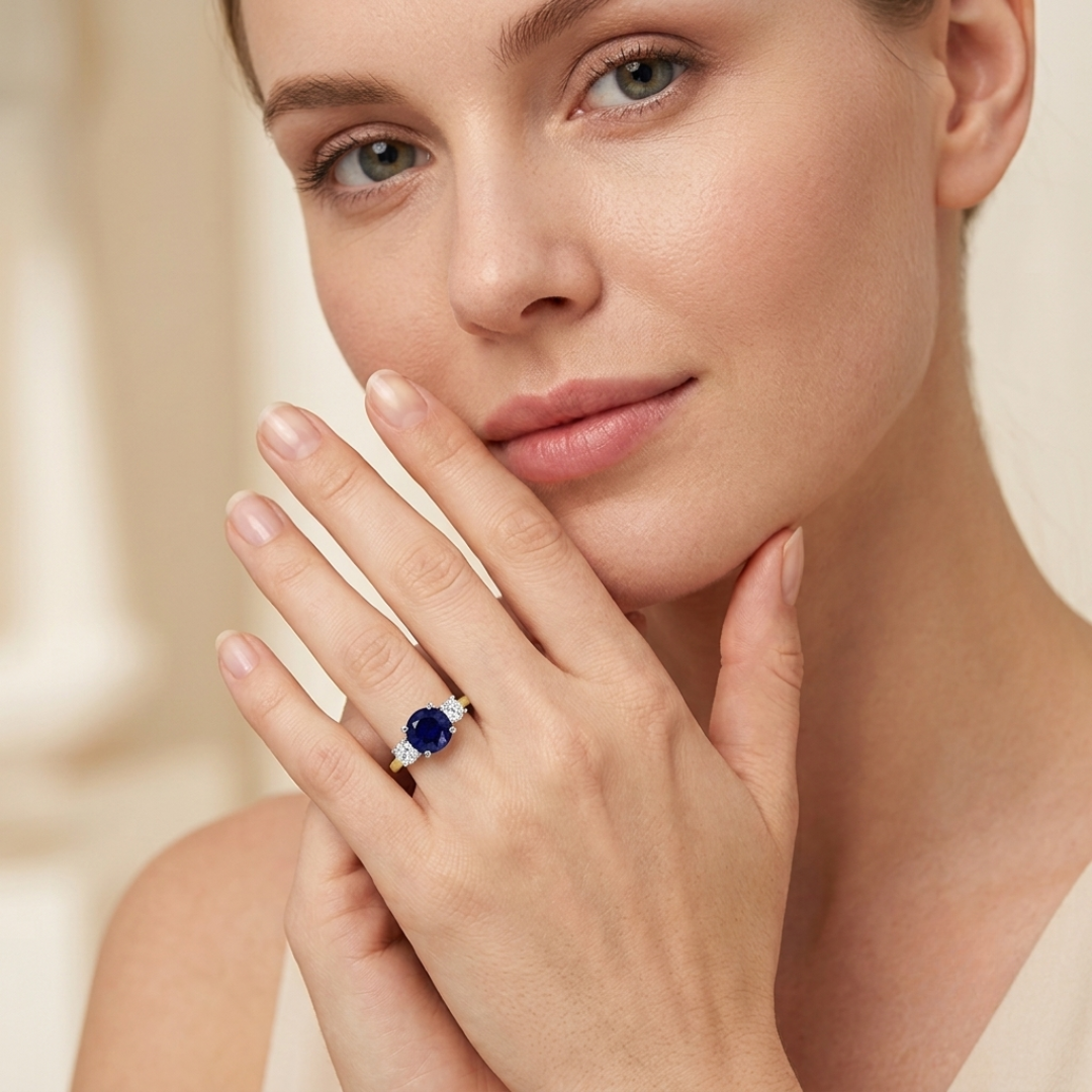 Round Blue Sapphire Three Stone Ring | Engagement Ring | Prong Setting