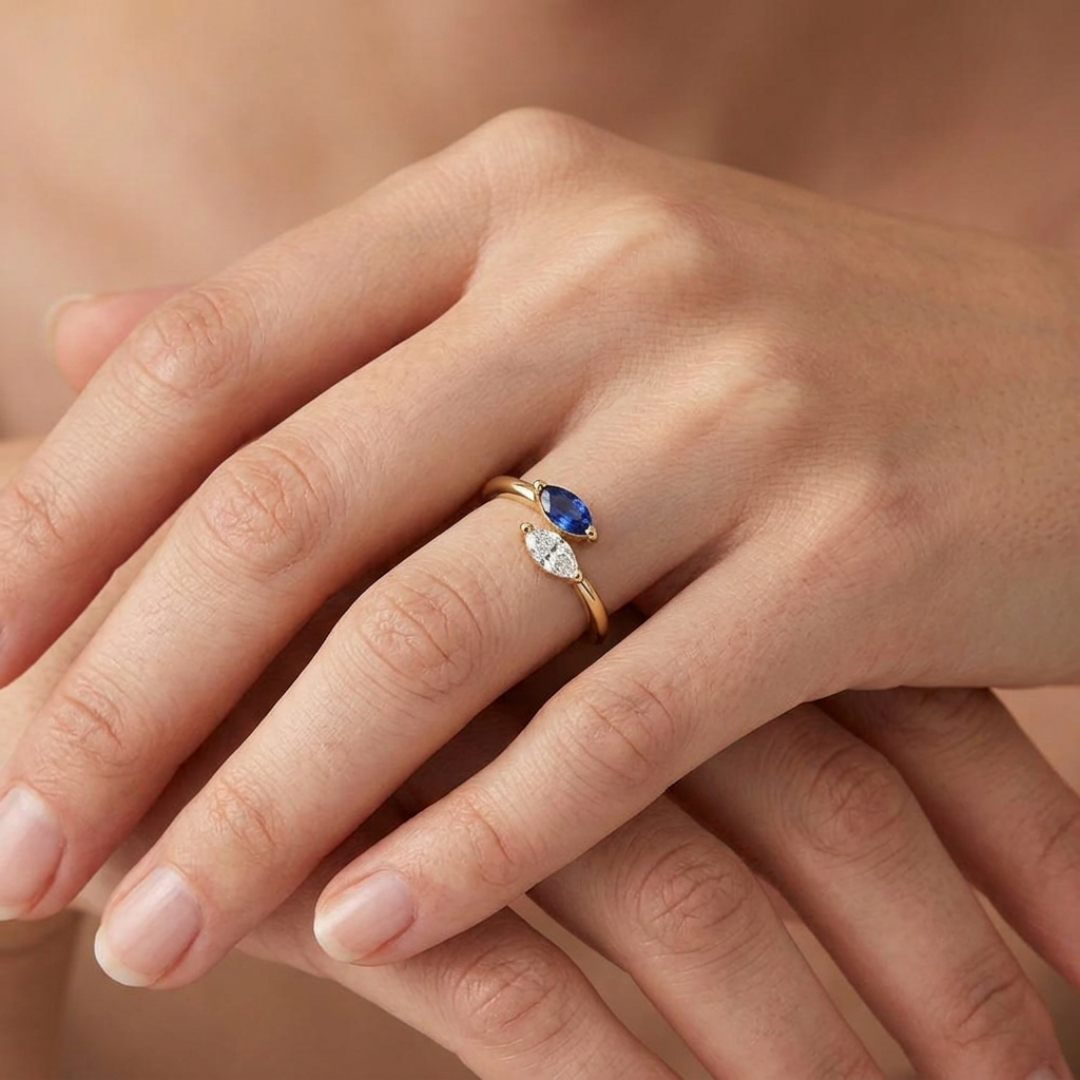 Marquise Two Stone Sapphire Ring with Diamond | Toi et Moi Gemstone