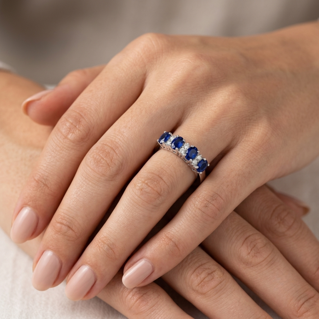 Blue Sapphire Eternity Ring in Oval Cut with Natural Round Diamonds