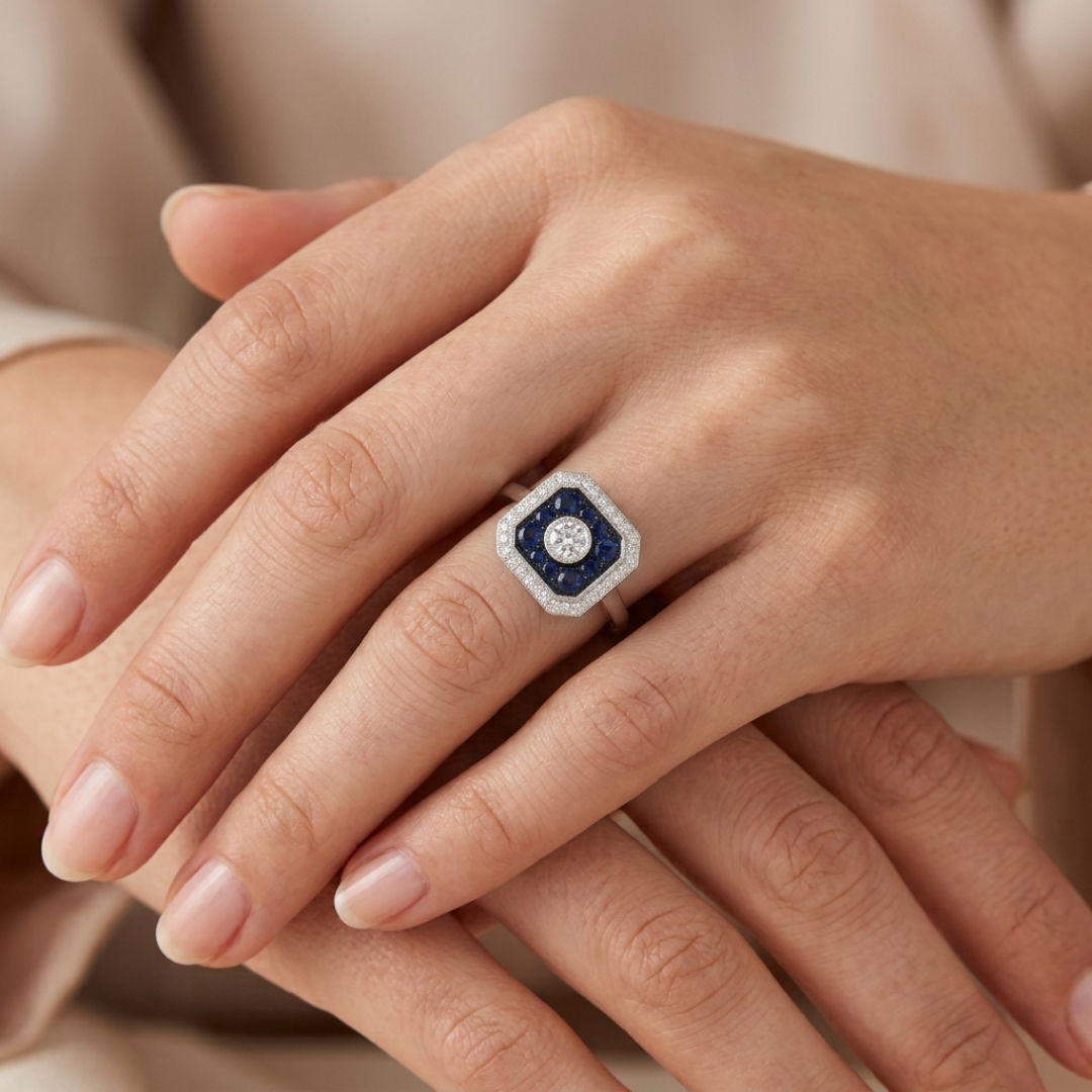 Blue Sapphire Cluster Ring with Diamond Halo | UK Hallmarked Jewellery