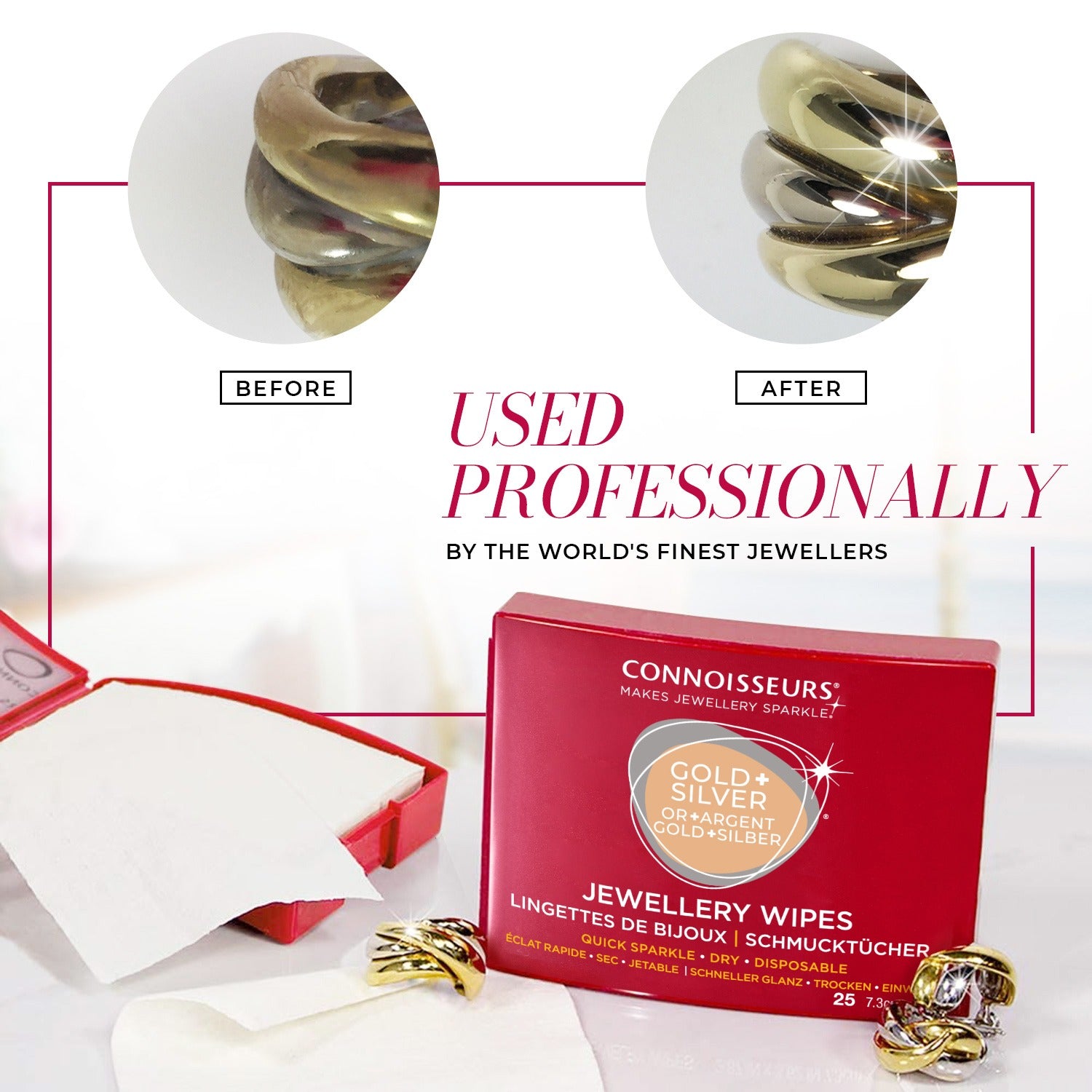 Connoisseurs Gold & Silver Jewellery Wipes – Luxury Anti-Tarnish Cleaning Wipes for Instant Sparkle