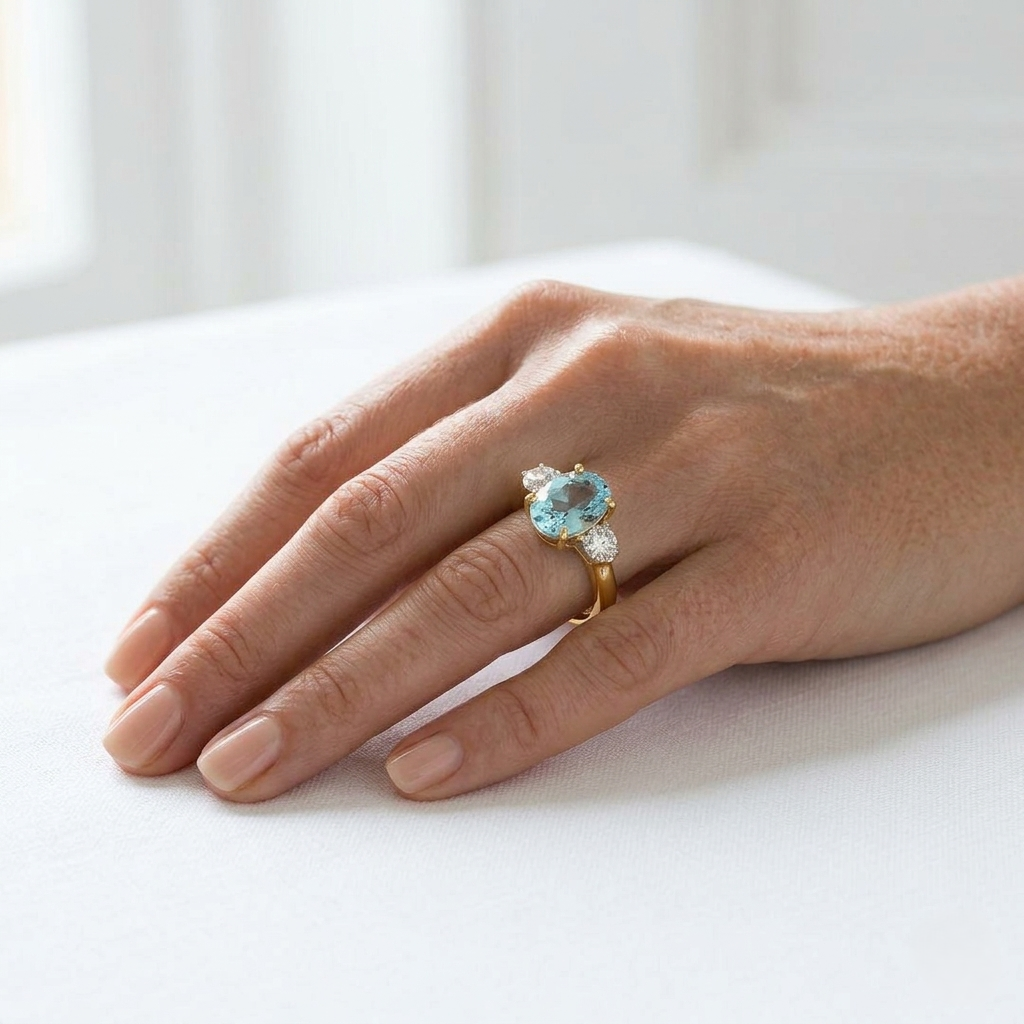 9K Yellow Gold Round Cut Natural Diamond Three-Stone Ring with Oval Colour Gemstone