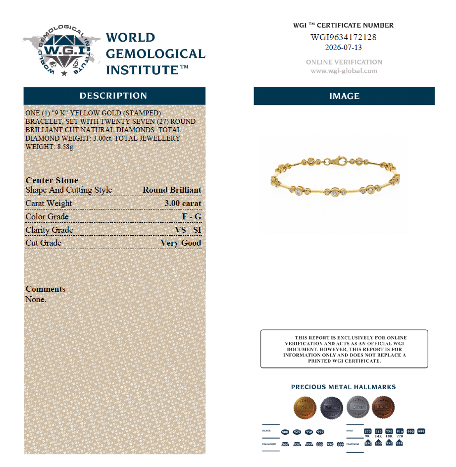 WGI FG/VS-SI 3.00ct Natural Round Diamond Bracelet, 9K Yellow Gold Ready To Ship