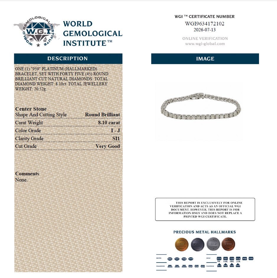 WGI 8.10ct Natural Round Diamond Tennis Bracelet in Platinum Ready To Ship