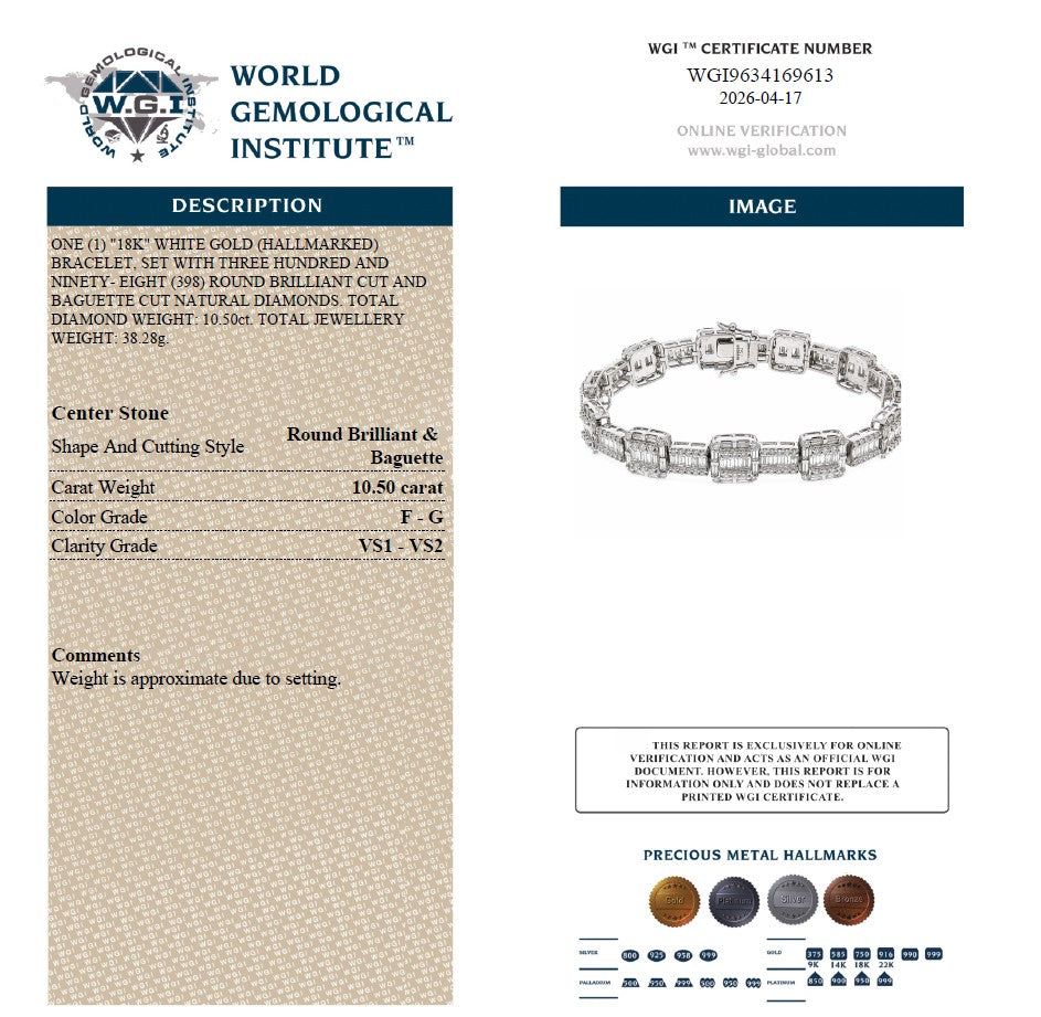 WGI 10.50ct Round & Baguette Natural Diamond Bracelet 18K White Gold Ready To Ship