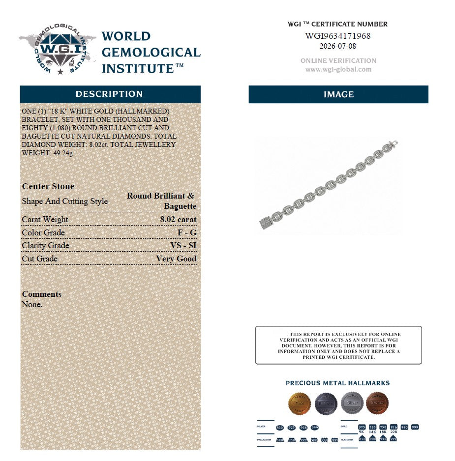 WGI 8.02Ct Natural Round Diamond Vintage Bracelet 18k White Gold Ready To Ship