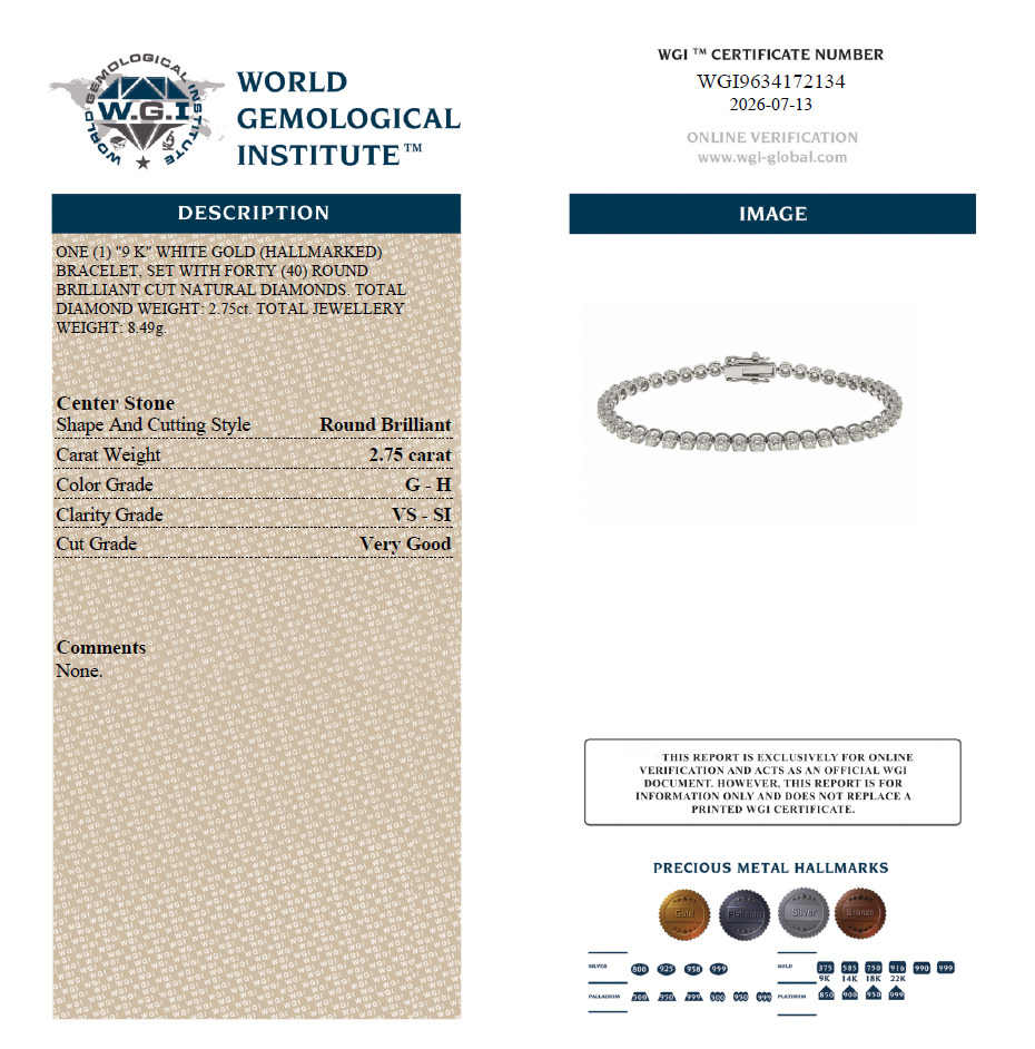 WGI 2.75ct Natural Round Diamond Tennis Bracelet,9K White Gold Ready To Ship