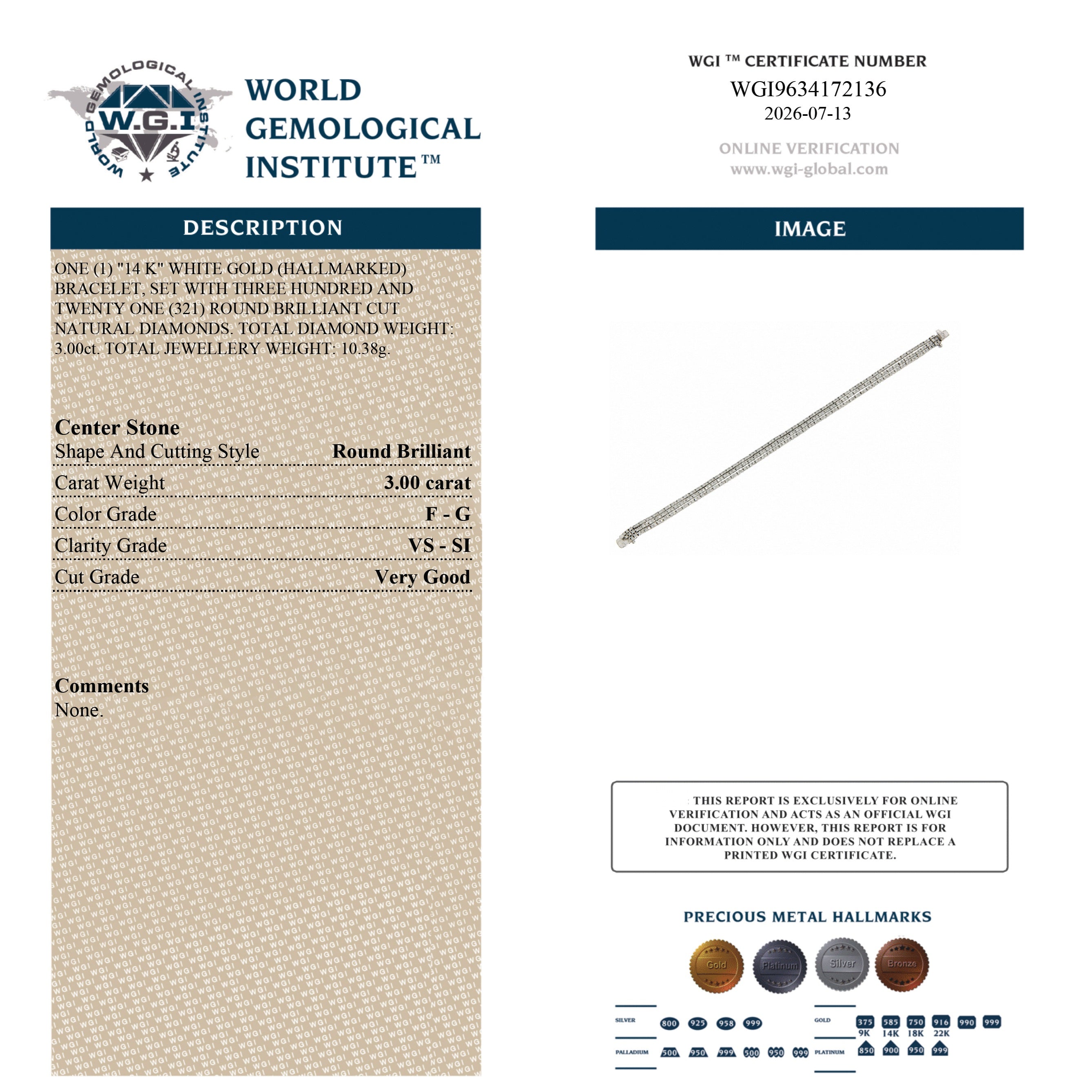 WGI Certified F-G/VS-SI 3.00Ct Natural Round Diamond 3 Line Bracelet in 14K White Gold
