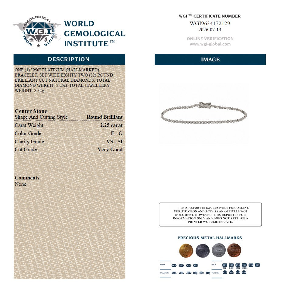 WGI 2.25ct FG/VS-SI Natural Diamond Tennis Bracelet Platinum Ready To Ship 7.5"