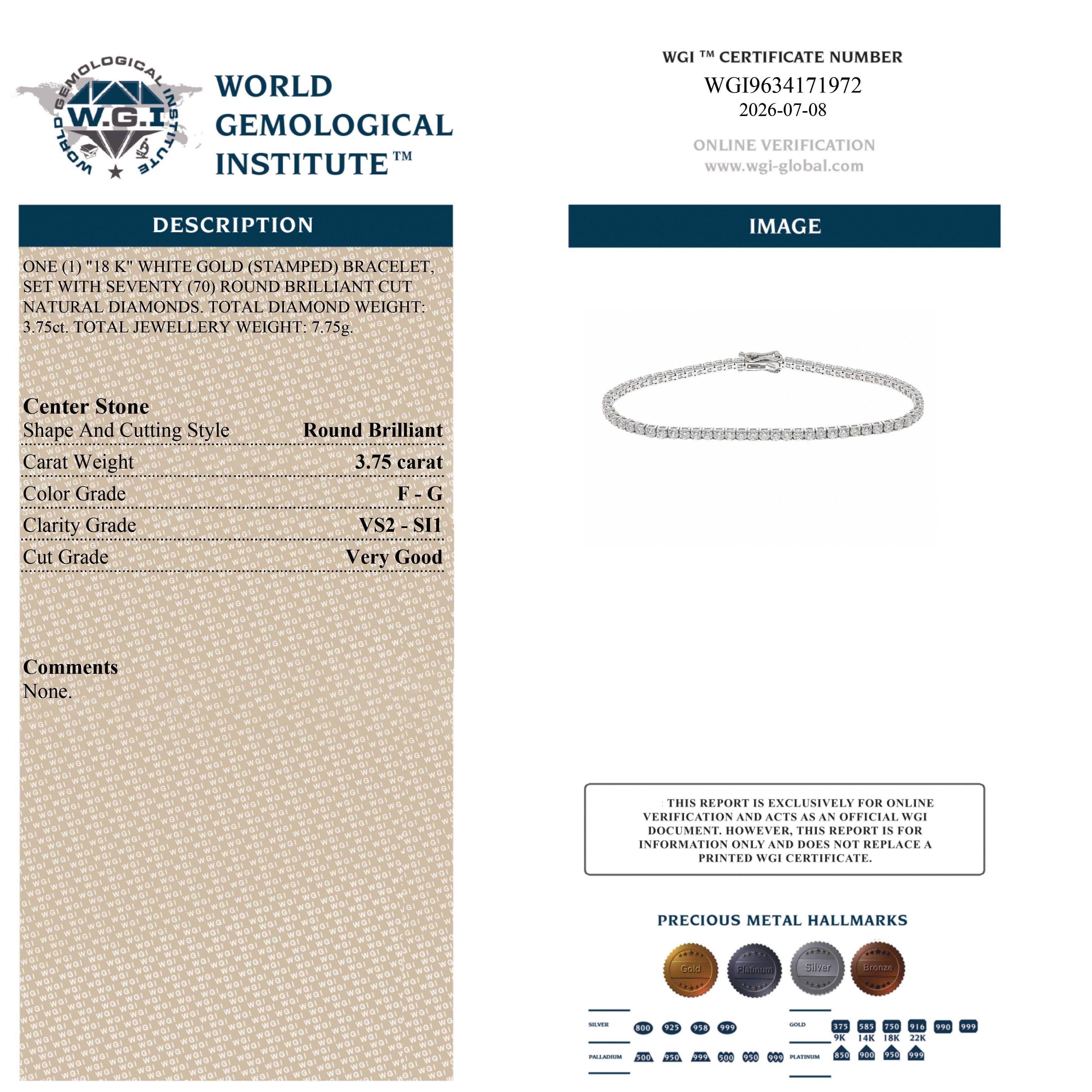 WGI 3.75Ct Natural Round Diamond Tennis Bracelet 18k White Gold Ready To Ship