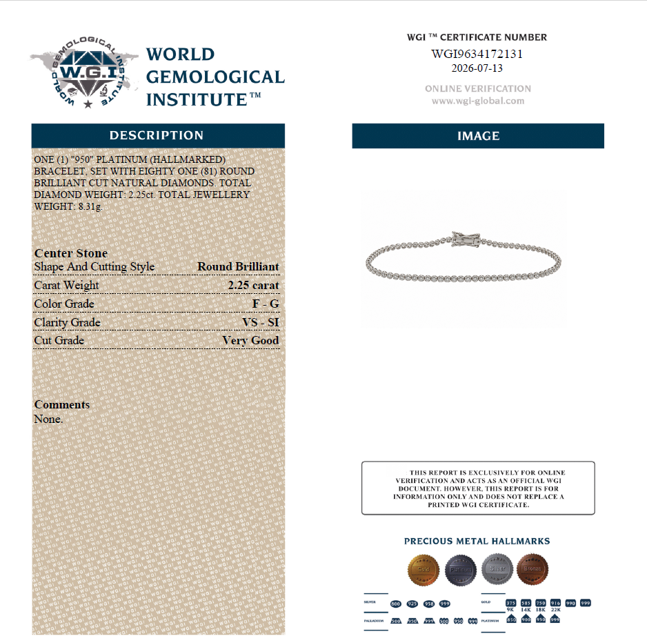 WGI 2.25ct FG/VS-SI Natural Diamond Tennis Bracelet,Platinum Ready To Ship 7.5"