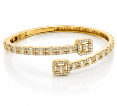 WGI 5.03 Carat Natural Round and Baguette Diamond Bangle, 14K Yellow Gold Ready To Ship