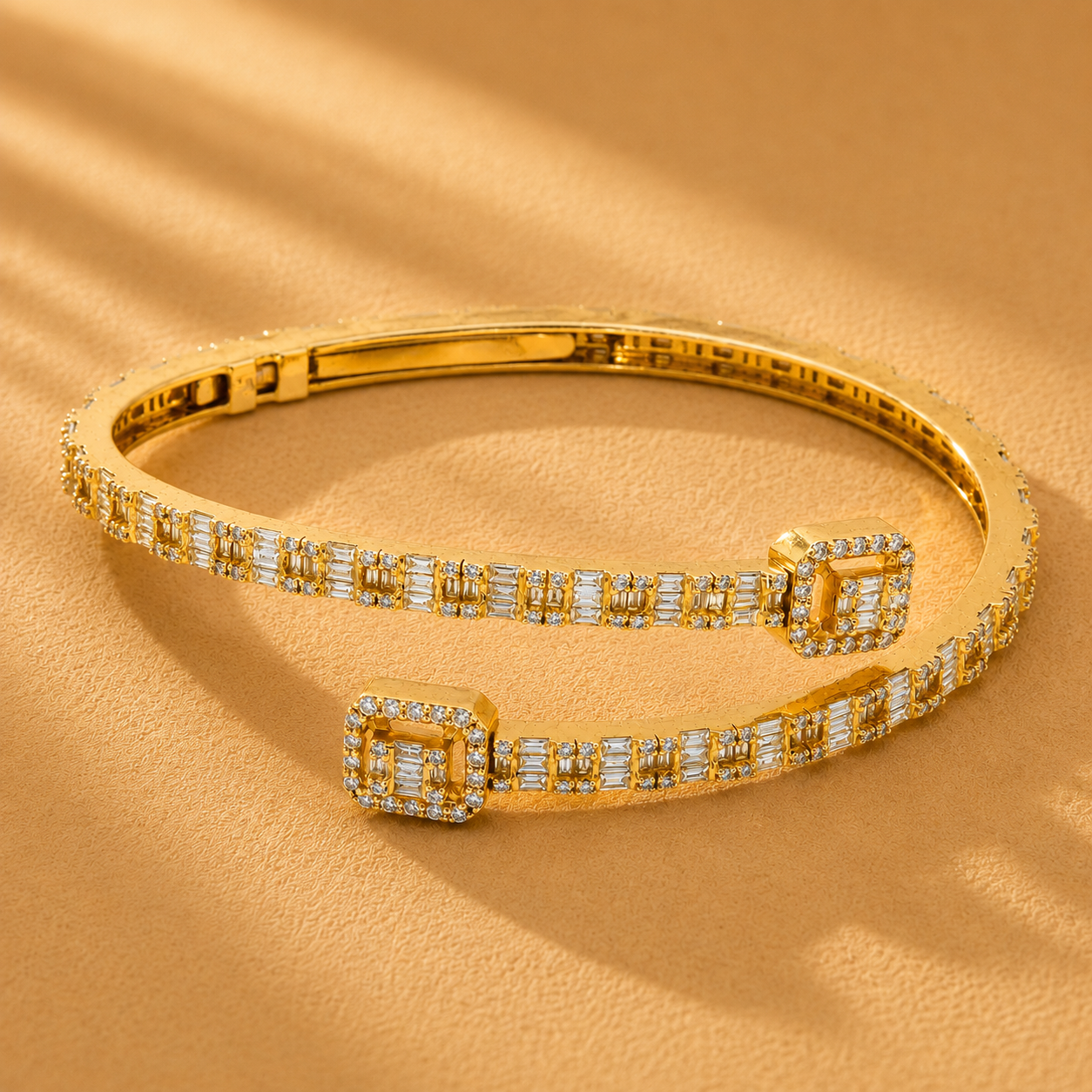 WGI 5.03 Carat Natural Round and Baguette Diamond Bangle, 14K Yellow Gold Ready To Ship