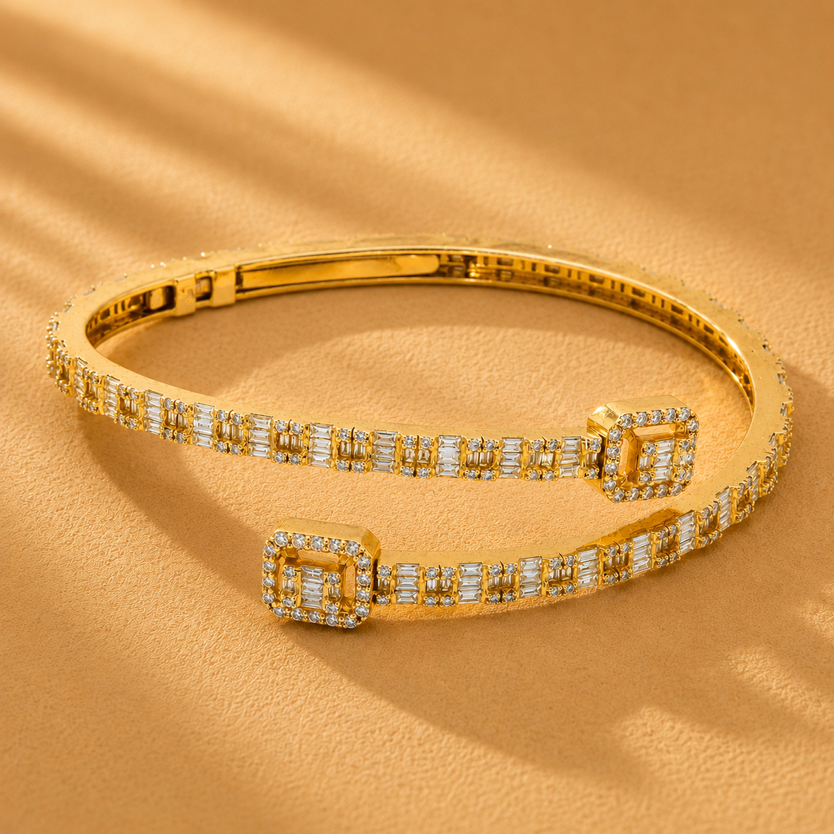 WGI 5.03 Carat Natural Round and Baguette Diamond Bangle, 14K Yellow Gold Ready To Ship