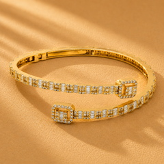 WGI 5.03 Carat Natural Round and Baguette Diamond Bangle, 14K Yellow Gold Ready To Ship