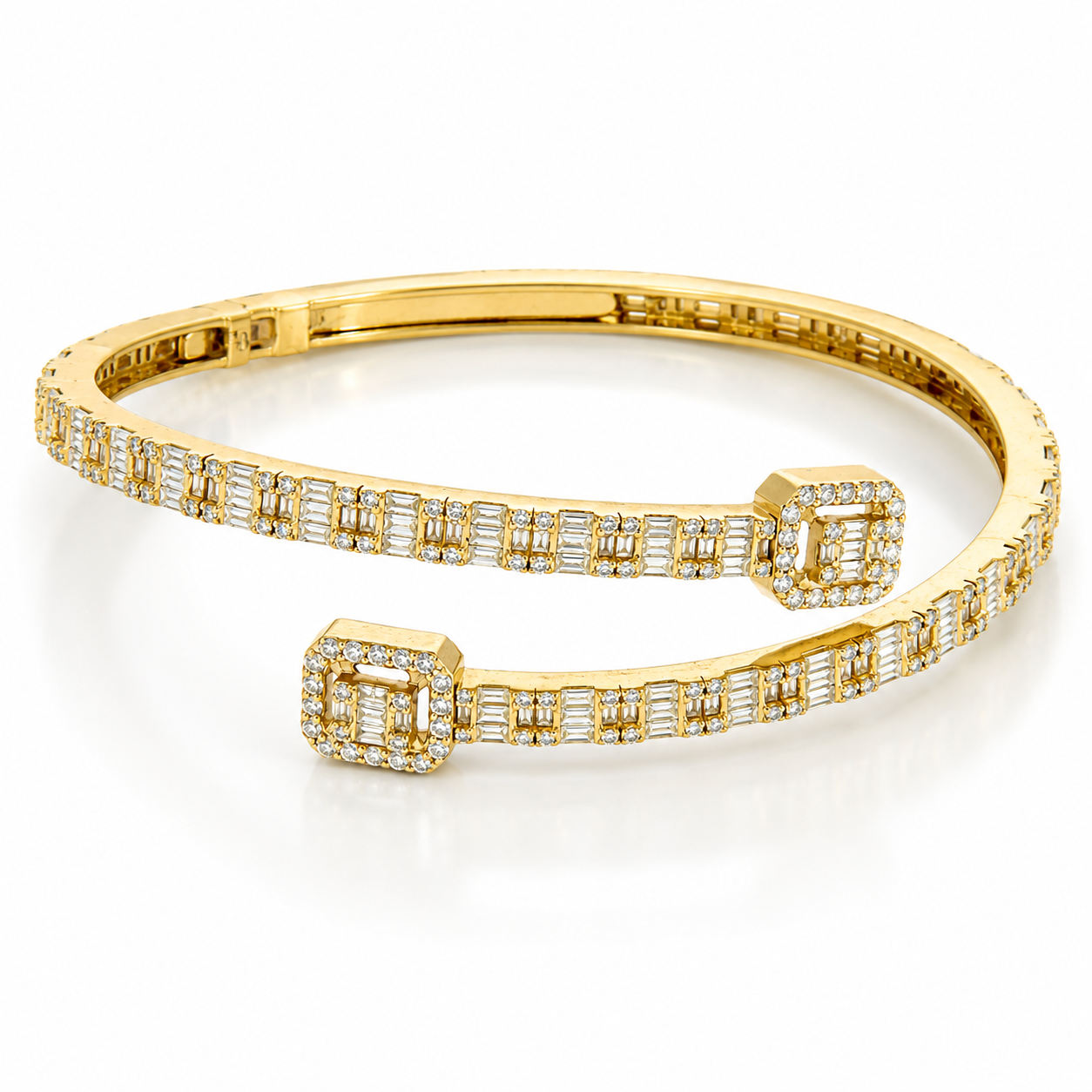 WGI 5.03 Carat Natural Round and Baguette Diamond Bangle, 14K Yellow Gold Ready To Ship