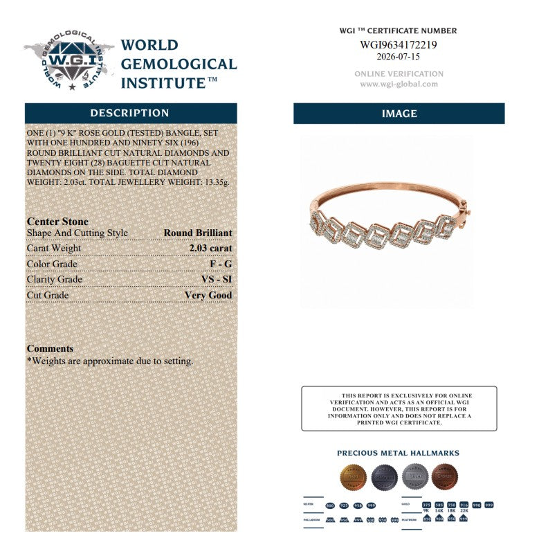 WGI 2.03Ct Natural Baguette & Round Diamond Designer Bangle 9k Rose Gold Ready To Ship