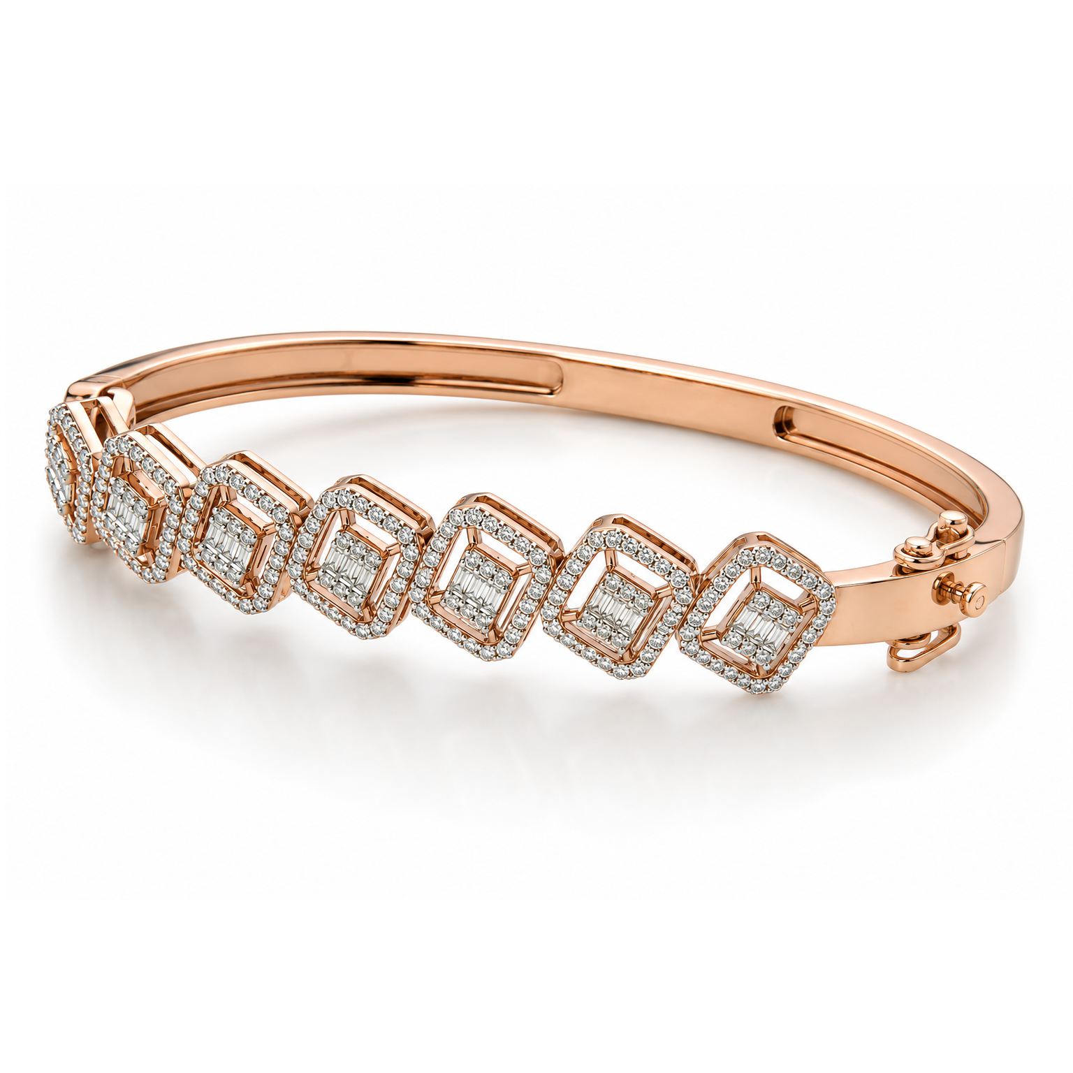 WGI 2.03Ct Natural Baguette & Round Diamond Designer Bangle 9k Rose Gold Ready To Ship