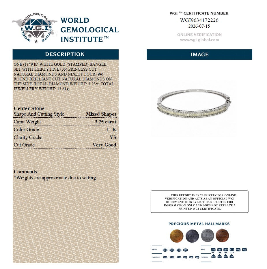 WGI 3.12Ct Natural Princess & Round Diamond Designer Bangle 9k White Gold Ready To Ship