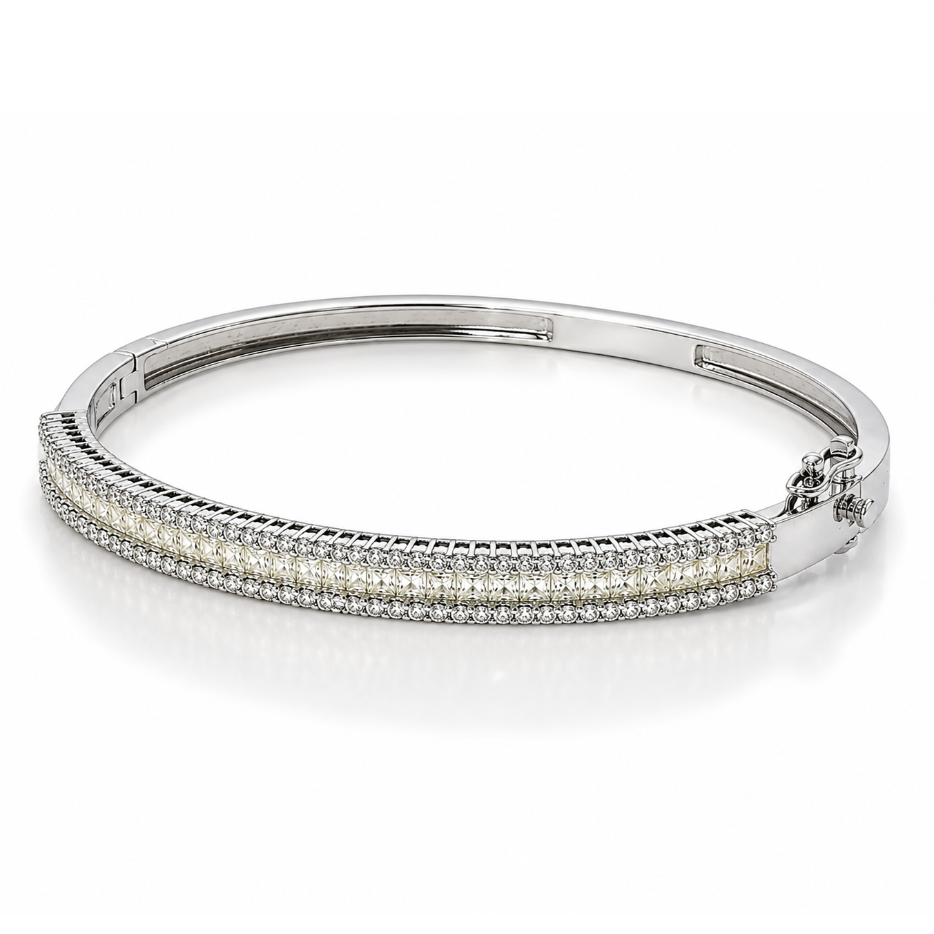 WGI 3.12Ct Natural Princess & Round Diamond Designer Bangle 9k White Gold Ready To Ship