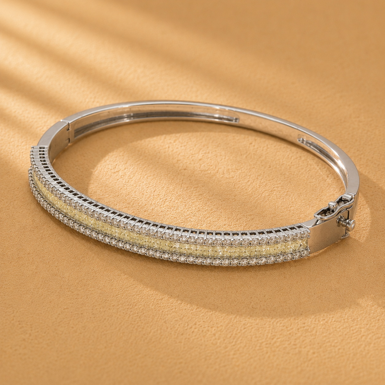 WGI 3.12Ct Natural Princess & Round Diamond Designer Bangle 9k White Gold Ready To Ship