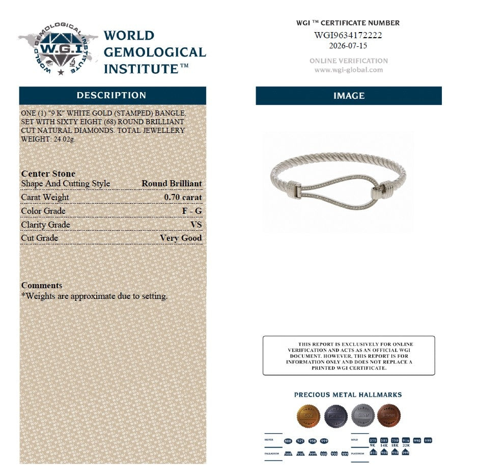 WGI 0.70Carat Natural Round Diamond Eternity Bangle 9k White Gold Ready To Ship