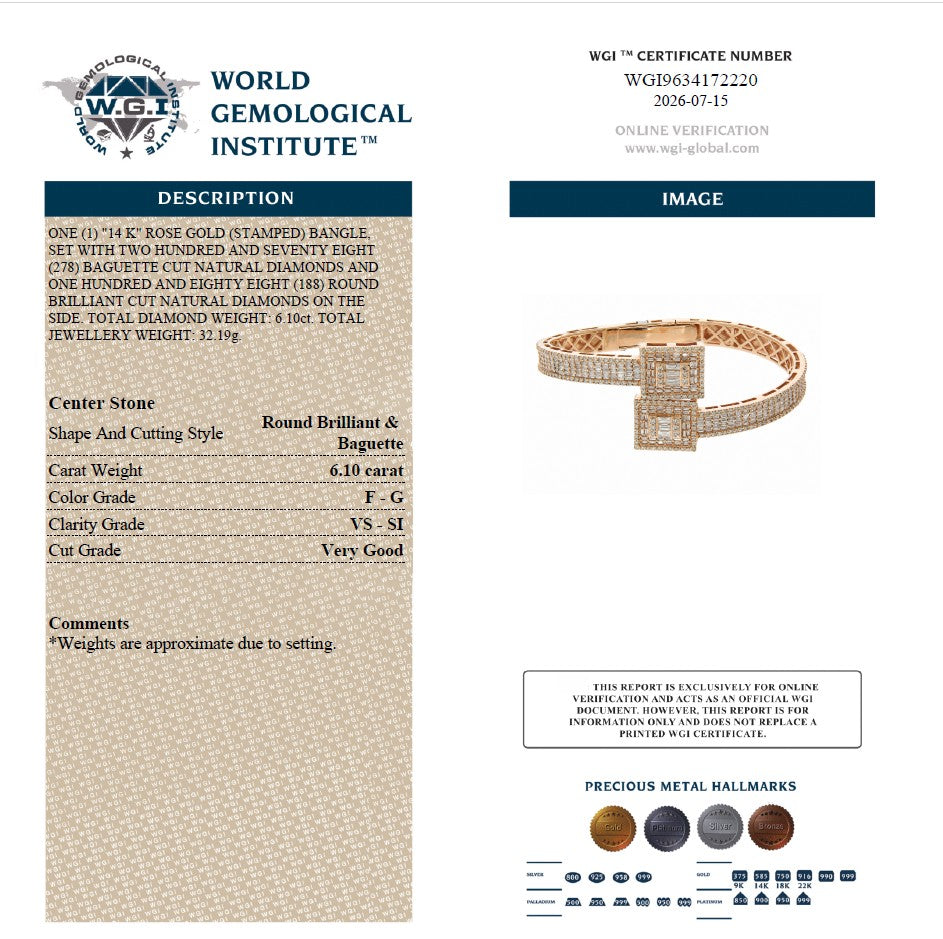 WGI 6.10Ct Natural Baguette & Round Diamond Designer Bangle 9k Rose Gold Ready To Ship