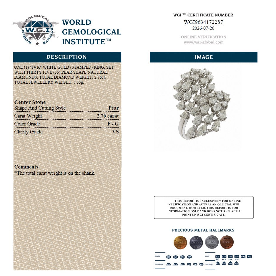 WGI 2.76Ct Natural Pear Diamond Fancy Ring 14k White Gold Ready To Ship