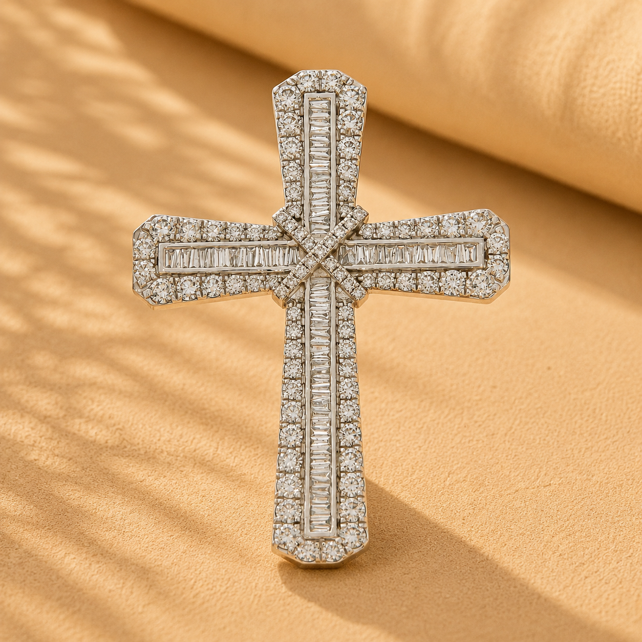 WGI 7.00Ct Natural Baguette & Round Diamond Cross Pendant 9k White Gold Ready To Ship