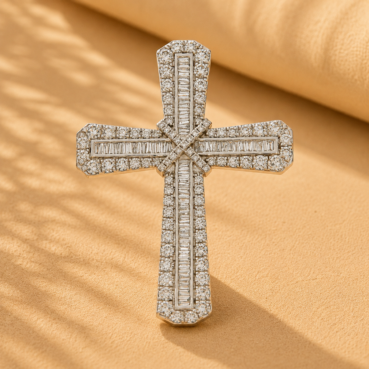 WGI 7.00Ct Natural Baguette & Round Diamond Cross Pendant 9k White Gold Ready To Ship