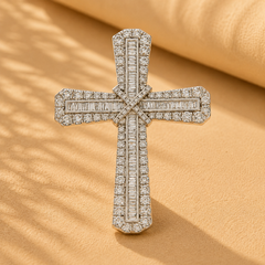 WGI 7.00Ct Natural Baguette & Round Diamond Cross Pendant 9k White Gold Ready To Ship