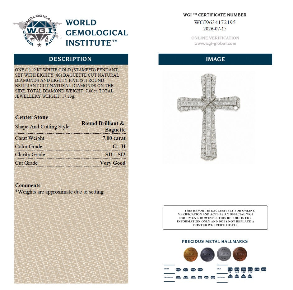 WGI 7.00Ct Natural Baguette & Round Diamond Cross Pendant 9k White Gold Ready To Ship
