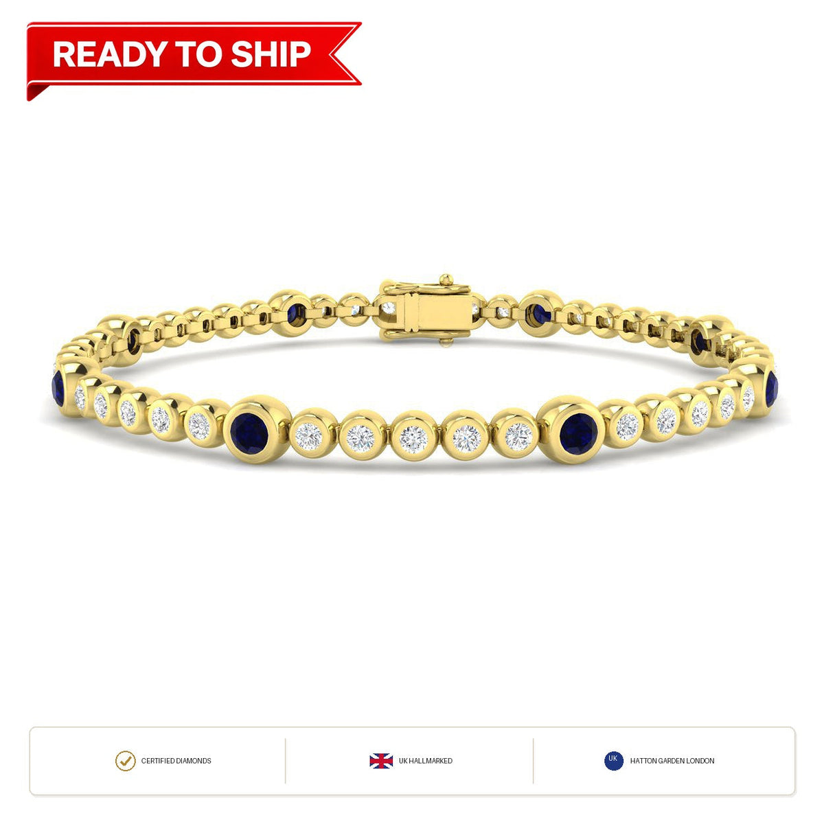 1.70Ct Round Blue Sapphire & Diamond Designer Bracelet 9k Yellow Gold