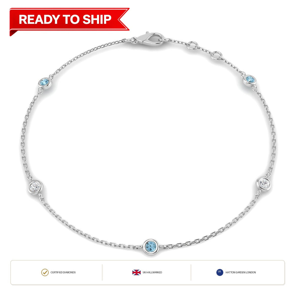 0.20Ct Round Aquamarine & Diamond Designer Bracelet 9k White Gold